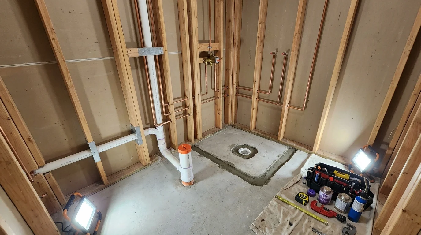 Bathroom rough-in plumbing during remodel by Johns Plumbing LLC in Pawling