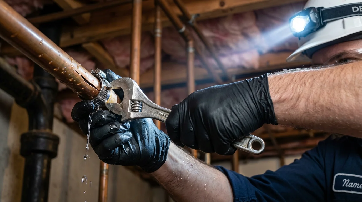 Emergency pipe clamp repair being performed by a Johns Plumbing LLC plumber in Pawling