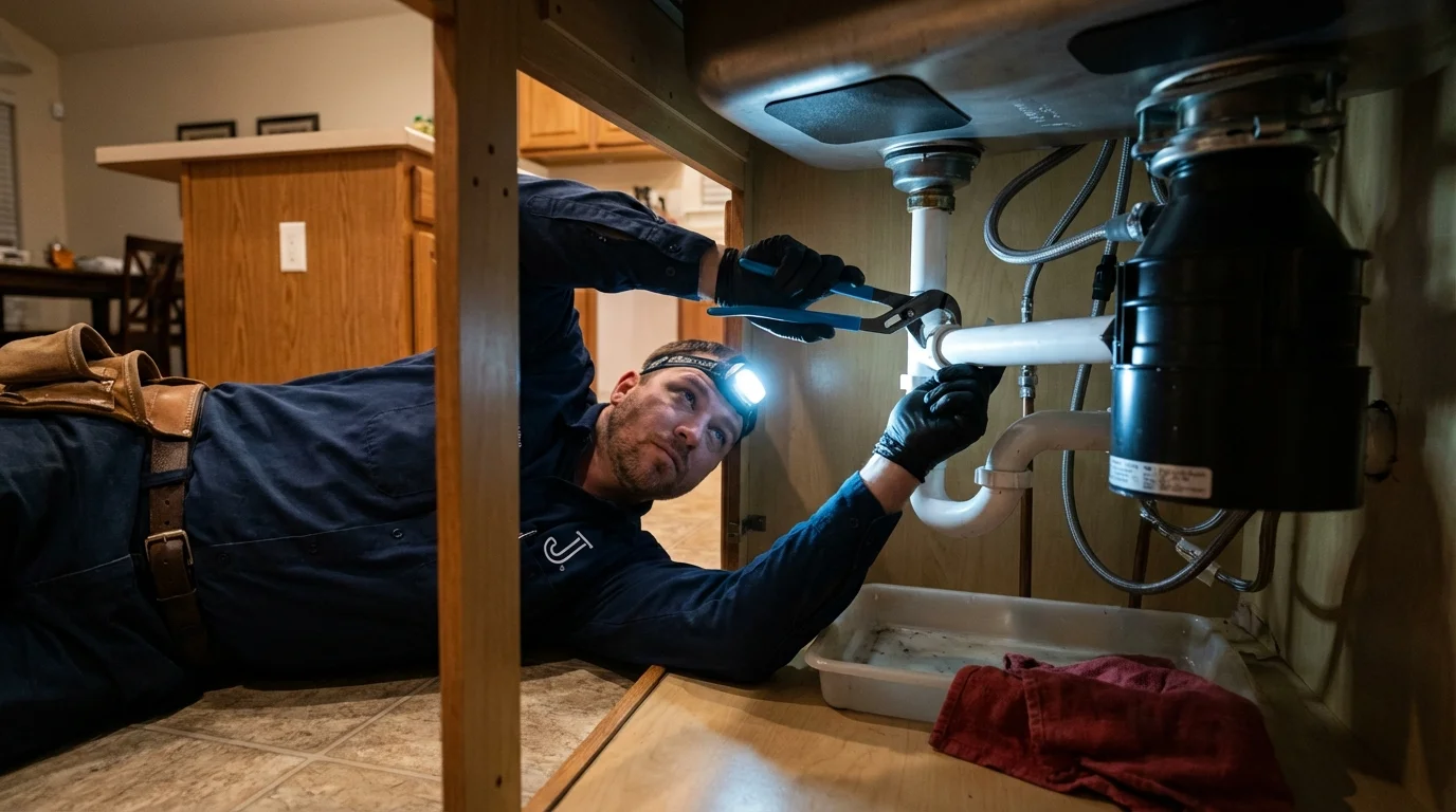 P-trap and supply line connections under a kitchen sink showing a common leak point in Pawling, NY